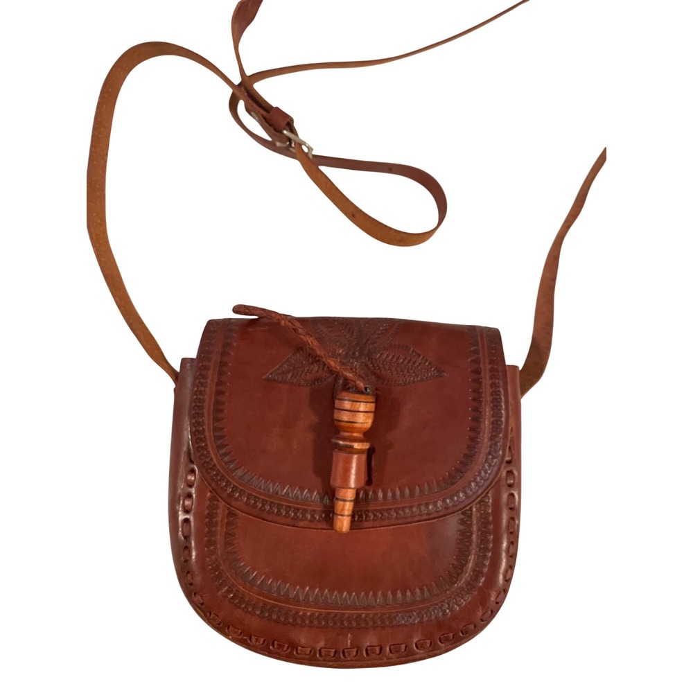 Vintage Hand Tooled Leather Crossbody Bag Boho Saddle Purse Wood Toggle